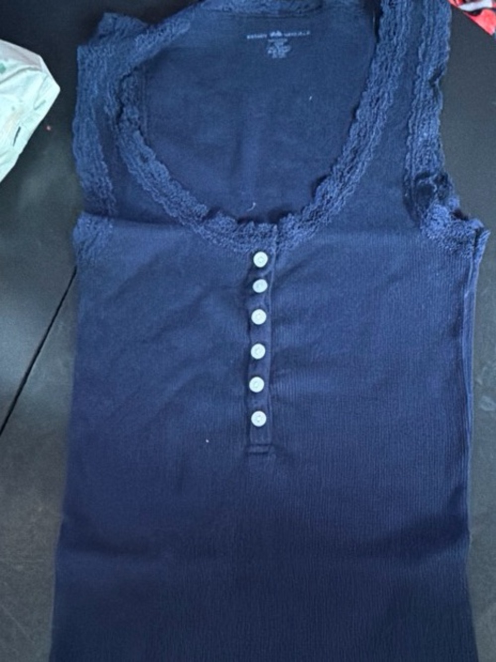 Brandy Melville -Women's Navy Lace-Trim Ribbed Tank with Button Placket